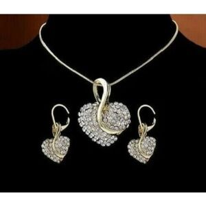 Heart Shaped Necklace and Earrings 18k Gold Filled Vintage Crystal Set - 20 inch